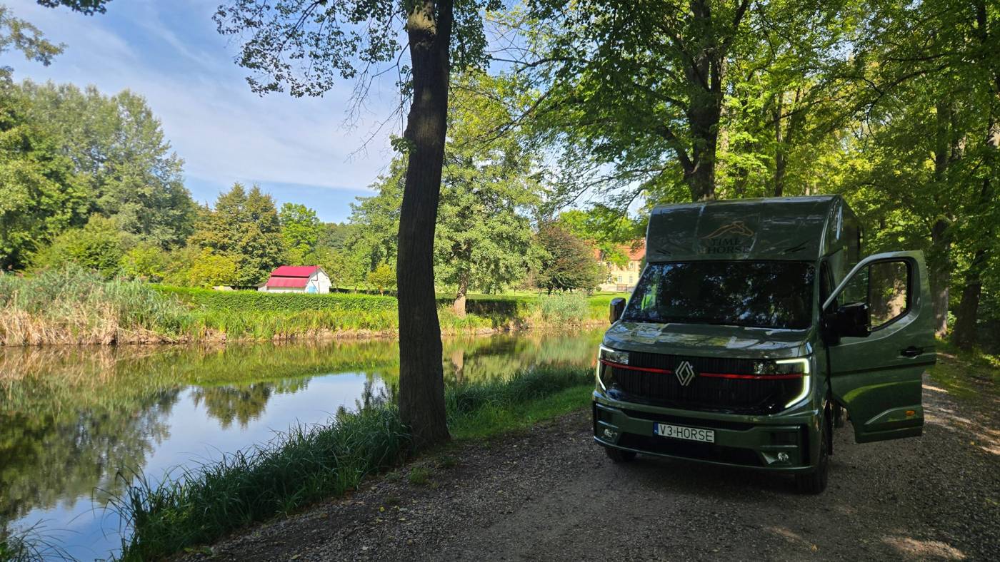Koniowóz nad stawem w parku